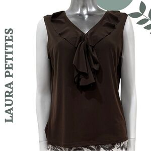 🛍️3/$40 Laura Petites Brown Ruffle Tie Top | Size L | Made 🇨🇦 Sleeveless Blouse